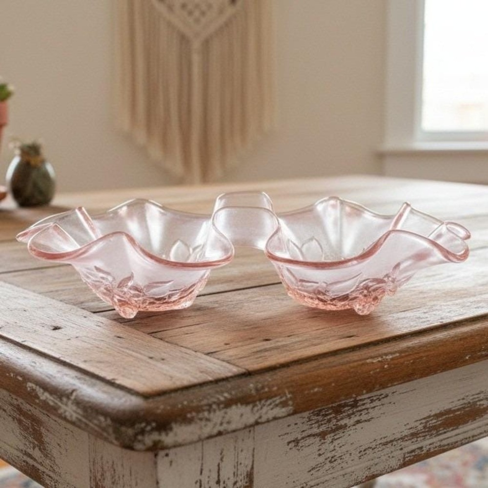 Mikasa Double Bowl Ruffled Relish Dish, Vintage Clear & Pink Edged Art Glass‎